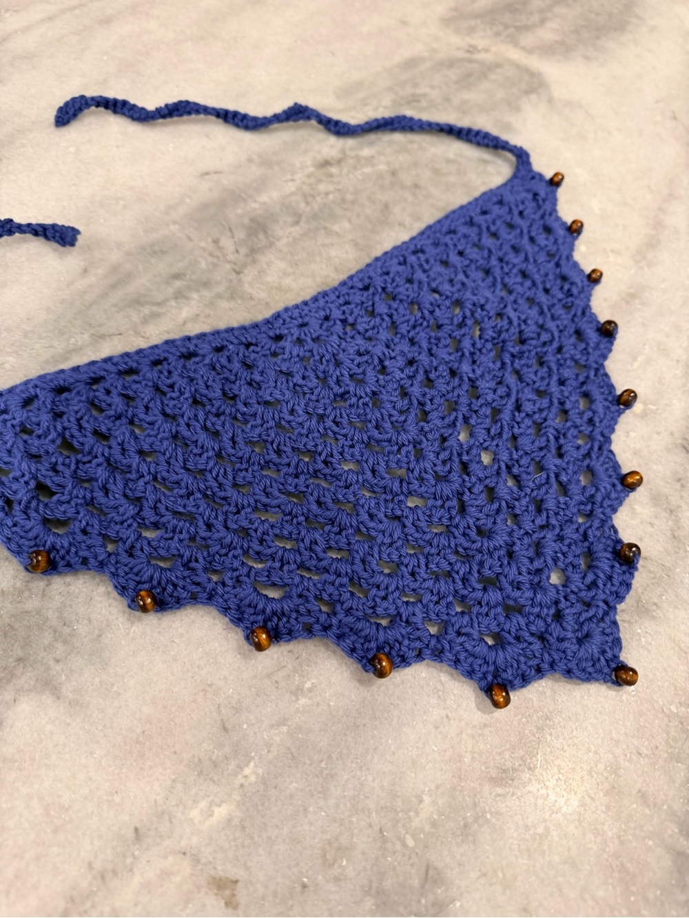 Handmade Crochet Wood Beaded Kerchief Head Scarf Cotton Boho Bandana Cottagecore